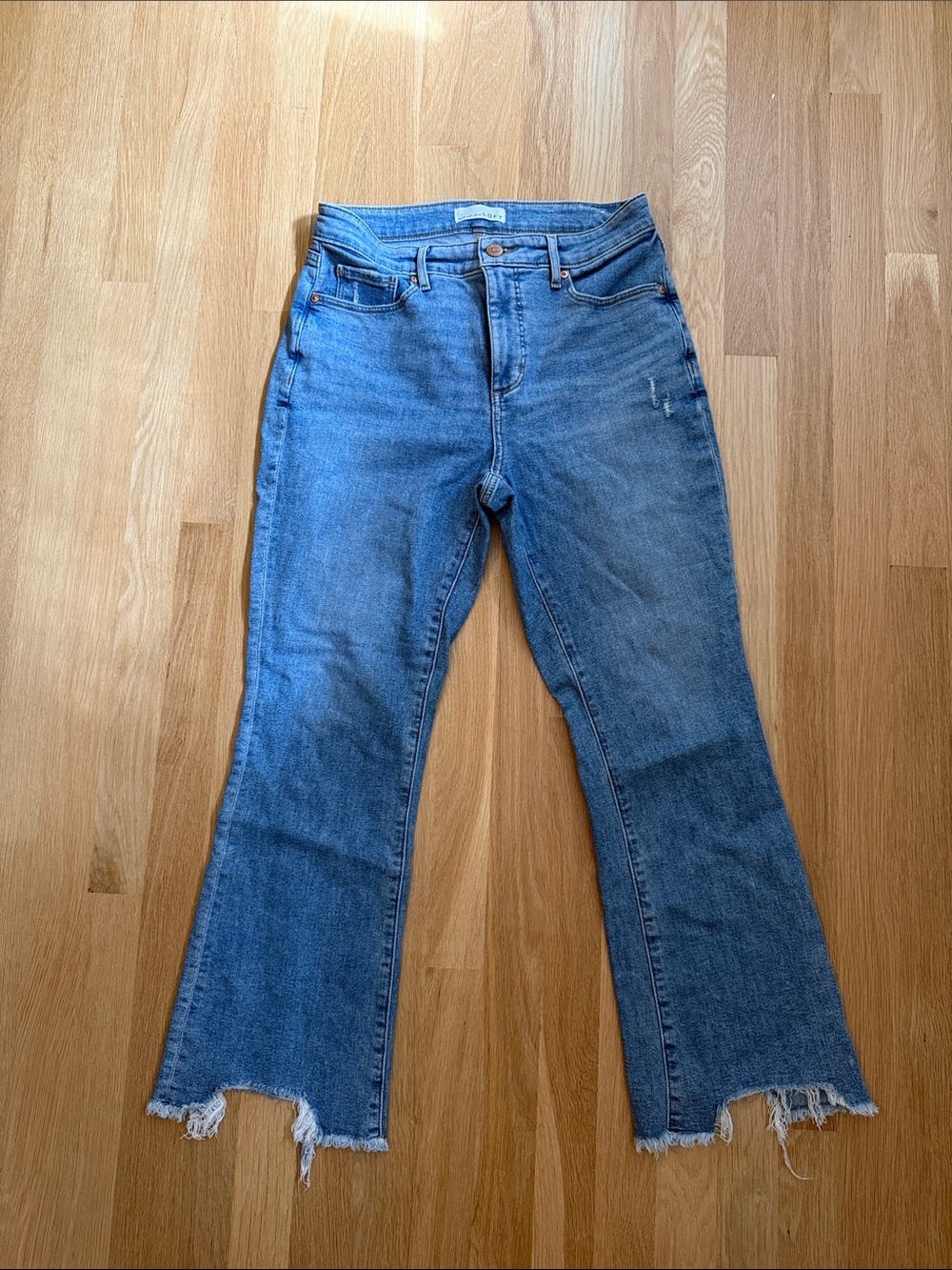 Loft Curvy high waist flare crop Women’s Blue Frayed Hem Jeans